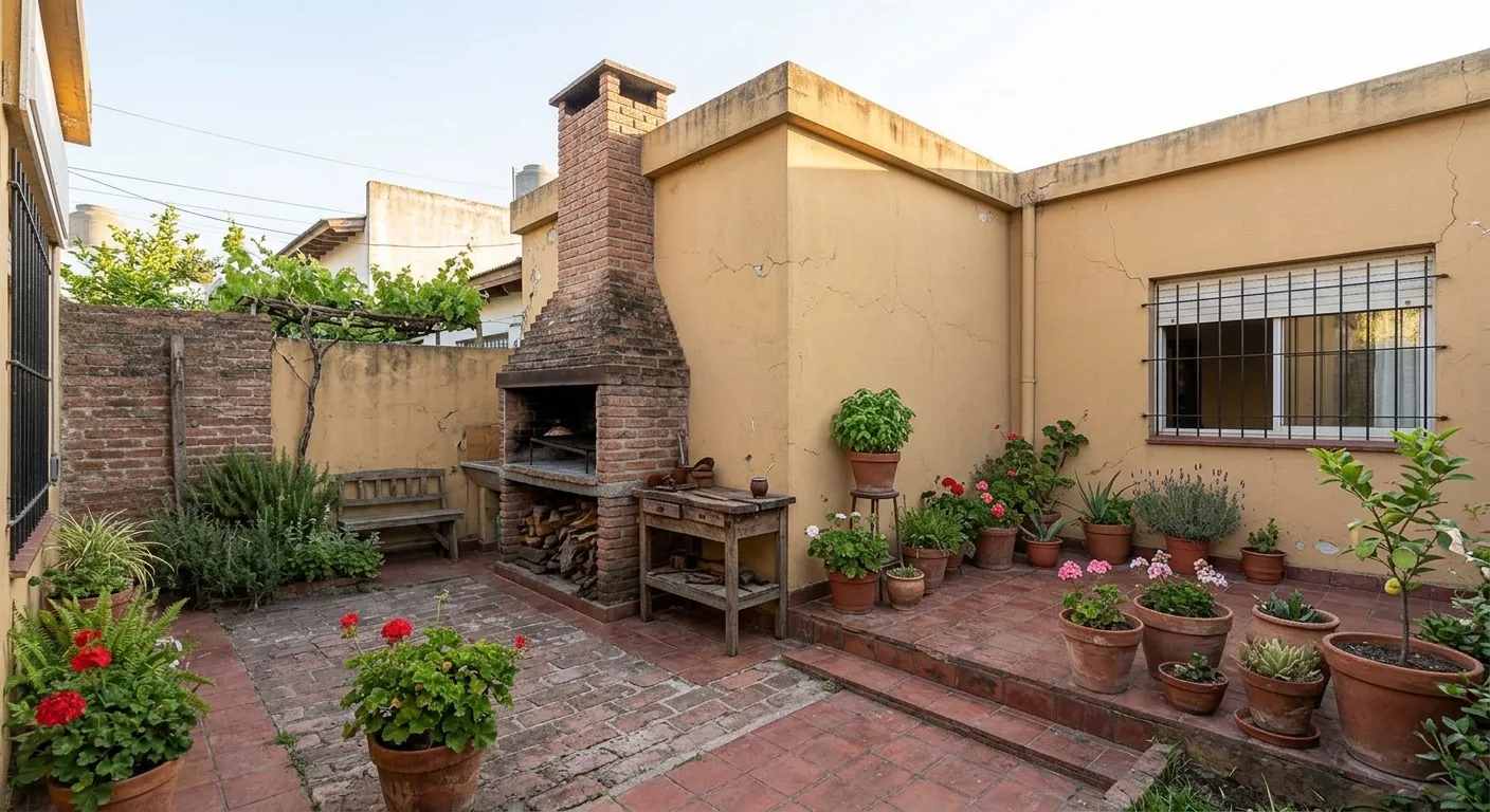 Patio con parrilla y plantas